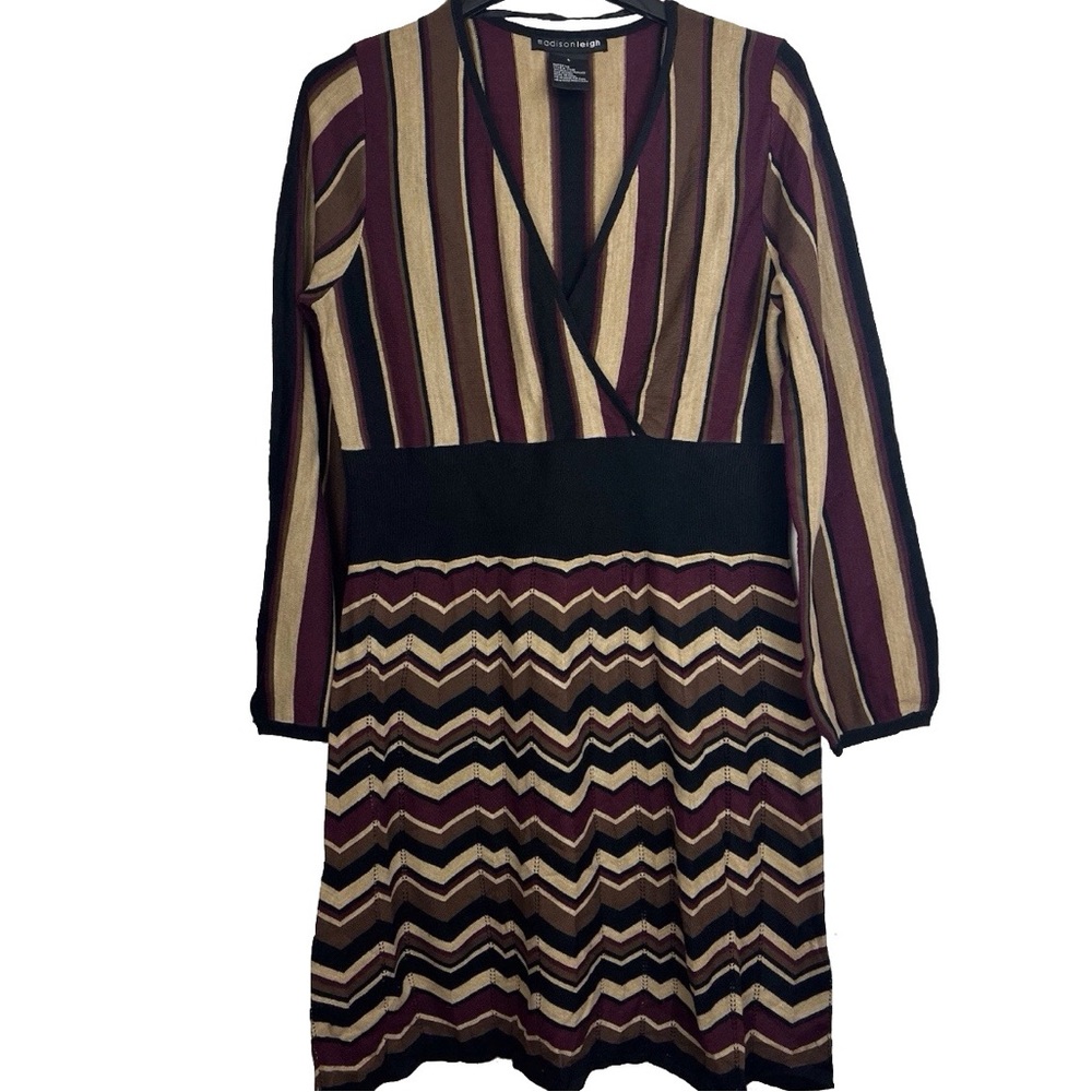Madison Leigh Women's Brown Striped  Cross Over Knit Sweater Dress Size Large